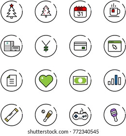 line vector icon set - christmas tree vector, 31 dec calendar, tea, hospital building, yen, credit card, cursor browser, document, heart, money, chart, level, baseball bat, gamepad, beanbag