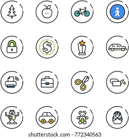 line vector icon set - christmas tree vector, apple, bike, pedestrian way road sign, locked, dollar, award, limousine, printer wireless, case, scissors, oiler, robot, car, bear toy, russian doll