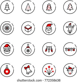 line vector icon set - christmas tree vector, firework, gift, santa claus, ball, garland, bell, deer hat