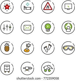line vector icon set - christmas star vector, hospital bed, Road narrows sign, monitor cursor, settings, mail, idea, man globe, pineapple, palm, feet, protective glasses, tool cabinet, pipe welding