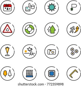 line vector icon set - christmas calendar vector, tonometer, sun, ruble, round motion road sign, circle chart, arrow up, career, pennant, palm, photo, flower, forest, binary code, cpu, staple