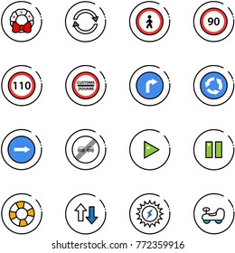 line vector icon set - christmas wreath vector, exchange, no pedestrian road sign, speed limit 90, 110, customs, only right, circle, end overtake, play, pause, lifebuoy, up down arrows, sun power