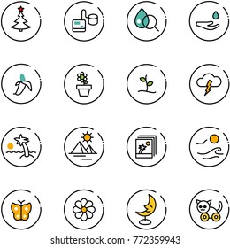line vector icon set - christmas tree vector, tonometer, blood test, drop hand, banana, flower pot, sproute, storm, palm, pyramid, photo, waves, butterfly, moon lamp, toy cat