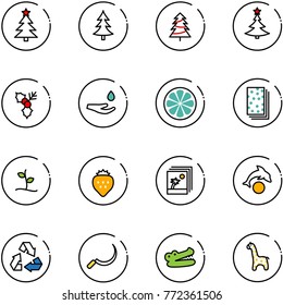 line vector icon set - christmas tree vector, holly, drop hand, lemon slice, breads, sproute, strawberry, photo, dolphin, recycling, sickle, crocodile, toy giraffe
