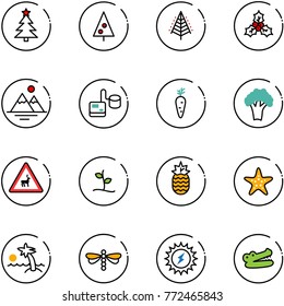 line vector icon set - christmas tree vector, holly, mountains, tonometer, carrot, broccoli, wild animals road sign, sproute, pineapple, starfish, palm, dragonfly, sun power, crocodile