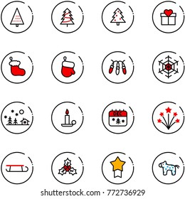 line vector icon set - christmas tree vector, gift, sock, glove, garland, snowflake, landscape, candle, calendar, firework, sleigh, holly, star medal, toy horse