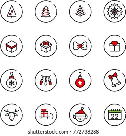 line vector icon set - christmas tree vector, firework, gift, bow, ball, garland, bell, deer, sleigh, elf, calendar