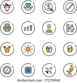 line vector icon set - christmas deer hat vector, heart care, money click, no limit road sign, printer, arrows up, pawn, opportunity, stars, sun, flip flops, beer, power, cpu, plane, moon lamp