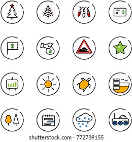 line vector icon set - christmas tree vector, garland, tap pay, dollar flag, encashment, steep descent road sign, star, presentation chart, sun, sea turtle, hotel, forest, terms plan, snow
