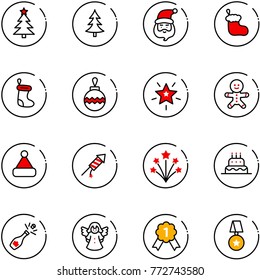 line vector icon set - christmas tree vector, santa claus, sock, ball, star, cake man, hat, firework rocket, champagne, angel, gold medal