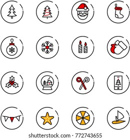 line vector icon set - christmas tree vector, santa claus, sock, ball, snowflake, candle, gloves, holly, snowball house, stick, mobile, flag garland, starfish, parasol, windsurfing