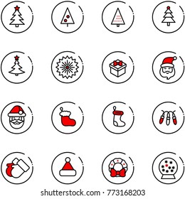 line vector icon set - christmas tree vector, firework, gift, santa claus, sock, garland, gloves, hat, wreath, snowball