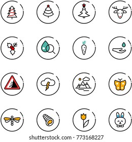 line vector icon set - christmas tree vector, deer, holly, blood test, carrot, drop hand, landslide road sign, storm, mountains, butterfly, dragonfly, shell, tulip, toy rabbit