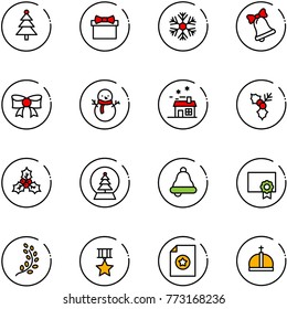 line vector icon set - christmas tree vector, gift, snowflake, bell, bow, snowman, house, holly, snowball, certificate, golden branch, star medal, crown