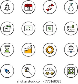 line vector icon set - christmas tree vector, 31 dec calendar, candy, pear, credit card, exchange, safe, growth, sand clock, sun, globe, cursor, horse stick toy, car, cube hole