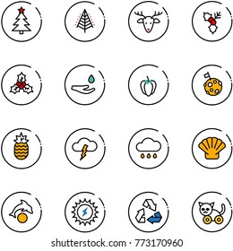 line vector icon set - christmas tree vector, deer, holly, drop hand, sweet pepper, moon flag, pineapple, storm, rain cloud, shell, dolphin, sun power, recycling, toy cat