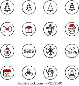 line vector icon set - christmas tree vector, bow, gift, santa claus, ball, garland, snowflake, landscape, 25 dec calendar, holly, angel, snowball