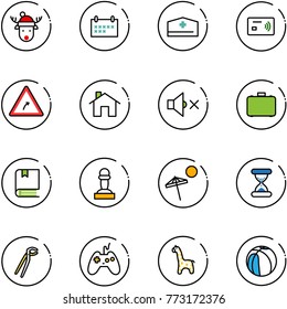 line vector icon set - christmas deer hat vector, schedule, doctor, tap pay, turn right road sign, home, volume off, case, book, pawn, beach, sand clock, plumber, joystick, toy giraffe, basketball