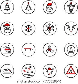 line vector icon set - christmas tree vector, santa claus, snowflake, deer, house, sleigh, holly, snowball, snowmobile, sale, hat, slippery road sign