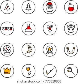 line vector icon set - christmas tree vector, santa claus, glove, garland, hat, holly, angel, snowball, golden branch, star medal, luck, crown, tulip, scythe, horse stick toy