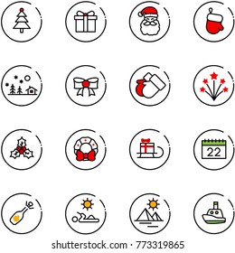 line vector icon set - christmas tree vector, gift, santa claus, glove, landscape, bow, gloves, firework, holly, wreath, sleigh, calendar, fizz opening, reading, pyramid, toy boat