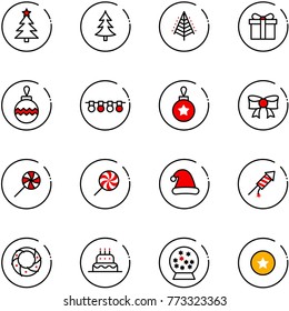 line vector icon set - christmas tree vector, gift, ball, garland, bow, lollipop, hat, firework rocket, wreath, cake, snowball, star medal