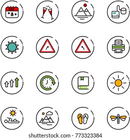 line vector icon set - christmas calendar vector, wine glasses, mountains, tonometer, sun, turn right road sign, left, printer, arrows up, clock around, book, reading, flip flops, dragonfly