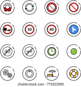 line vector icon set - christmas wreath vector, exchange, prohibition road sign, no trailer, speed limit 30, 40, only forward right, end, overtake, time, record, gears, standby, inflatable pool