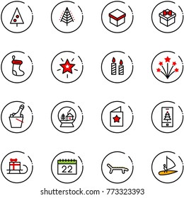 line vector icon set - christmas tree vector, gift, sock, star, candle, firework, champagne, snowball house, postcard, mobile, sleigh, calendar, lounger, windsurfing