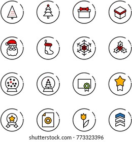 line vector icon set - christmas tree vector, gift, santa claus, sock, snowflake, holly, snowball, certificate, star medal, tulip, chevron