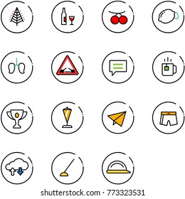 line vector icon set - christmas tree vector, wine, rowanberry, lemon, lungs, drawbridge road sign, chat, green tea, gold cup, pennant, paper fly, swimsuit, cloud exchange data, hoe