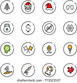 line vector icon set - christmas tree vector, santa claus, hat, lungs, weight, dollar, end speed limit road sign, gear, brain work, flags cross, microphone, ice cream, surfing, gun sealant, teethers
