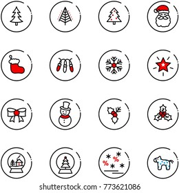 line vector icon set - christmas tree vector, santa claus, sock, garland, snowflake, star, bow, snowman, holly, snowball house, sale, toy horse