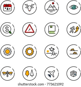 line vector icon set - christmas calendar vector, deer, mountains, eye, money click, turn right road sign, book, career, sun, palm, flip flops, dragonfly, forest, plane, cube toy