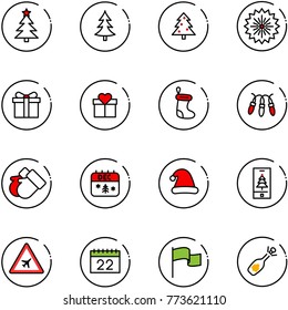 line vector icon set - christmas tree vector, firework, gift, sock, garland, gloves, calendar, hat, mobile, airport road sign, flag, fizz opening