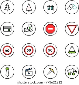 line vector icon set - christmas tree vector, vial, pills, credit card, investment, no way road sign, giving, car, speed limit 50, 90, bell, tie, movie flap, axe, elephant wheel