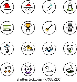 line vector icon set - christmas hat vector, elf, eggplant, rocket, schedule, win cup, shovel, robot, beanbag, excavator toy, horn, bear, train, monster, duck, boat