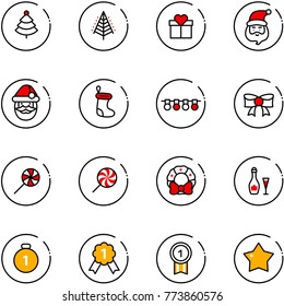 line vector icon set - christmas tree vector, gift, santa claus, sock, garland, bow, lollipop, wreath, wine, gold medal, star