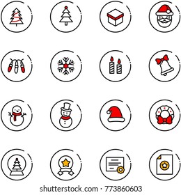 line vector icon set - christmas tree vector, gift, santa claus, garland, snowflake, candle, bell, snowman, hat, wreath, snowball, star medal, certificate