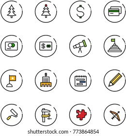 line vector icon set - christmas tree vector, dollar, credit card, telescope, pyramid flag, bank building, terms plan, pencil, paint roller, clamp, puzzle, bow