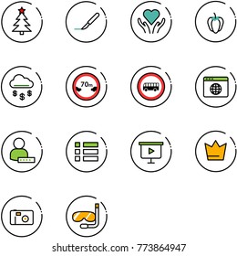 line vector icon set - christmas tree vector, scalpel, heart care, sweet pepper, money rain, limited distance road sign, no bus, browser globe, user password, menu, presentation board, crown, photo