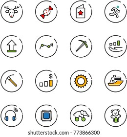 line vector icon set - christmas deer vector, candy, star postcard, run, uplooad, chart point arrow, job, growth, rock axe, dollar, sun, cruiser, wireless headphones, cpu, elephant wheel, bear toy