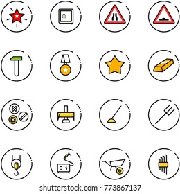 line vector icon set - christmas star vector, safe, Road narrows sign, artificial unevenness, work, medal, gold, rivet, milling cutter, hoe, farm fork, winch, welding, wheelbarrow, allen key set