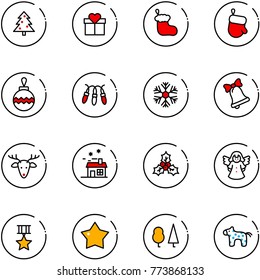 line vector icon set - christmas tree vector, gift, sock, glove, ball, garland, snowflake, bell, deer, house, holly, angel, star medal, forest, toy horse