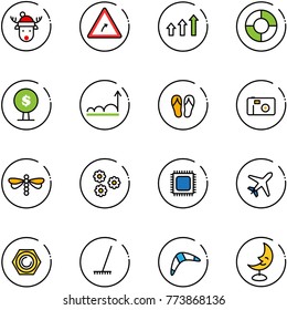 line vector icon set - christmas deer hat vector, turn right road sign, arrows up, circle chart, money tree, growth, flip flops, photo, dragonfly, flower, cpu, plane, nut, rake, boomerang, moon lamp