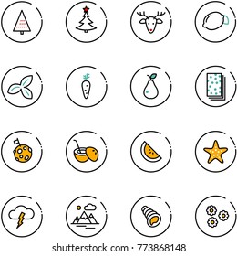 line vector icon set - christmas tree vector, deer, lemon, three leafs, carrot, pear, breads, moon flag, coconut cocktail, watermelone, starfish, storm, mountains, shell, flower