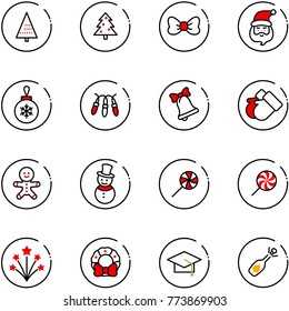 line vector icon set - christmas tree vector, bow, santa claus, ball, garland, bell, gloves, cake man, snowman, lollipop, firework, wreath, graduate hat, fizz opening