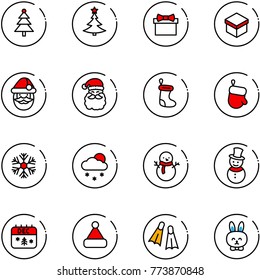 line vector icon set - christmas tree vector, gift, santa claus, sock, glove, snowflake, snowfall, snowman, calendar, hat, flippers, toy rabbit