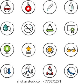 line vector icon set - christmas ball vector, pipette, drop counter, blood test, no smoking sign, bell, certificate, money tree, award, sun, sunglasses, up down arrows, wind mill, rocket