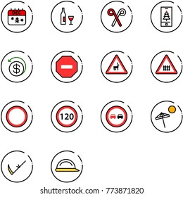 line vector icon set - christmas calendar vector, wine, santa stick, mobile, money back, no way road sign, wild animals, railway intersection, prohibition, speed limit 120, overtake, beach, scythe